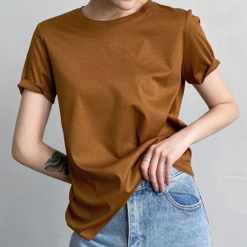 2021 Soft Mulberry Silk Cotton T-shirts Womens Loose Round Neck Short Sleeve Woman T-shirts Solid Color Summer Tops High Quality