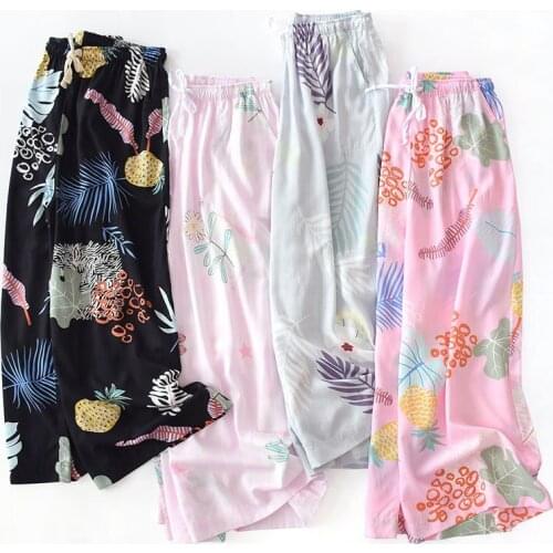 Womens Pants Summer Cotton Sleepwear Shorts Pajamas Pants Lady Comfortable Pants Loungewear Print Sleep Bottoms Loose Nightgown