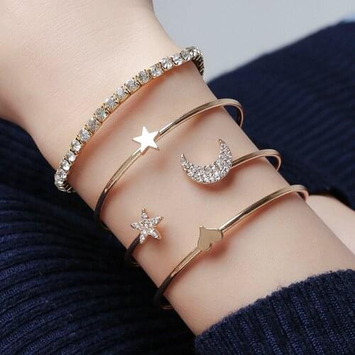 New 4-piece Bracelet Set Heart Bracelets & Bangles Star Moon Bracelets For Women Zircon Fashion Gold Silver Color Bangles A291