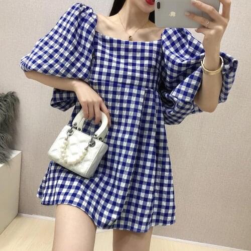 2020 new summer and autumn fashion women clothes Hubble-bubble Sleeve sqaure collar lantern sleeves pullover plaid dress