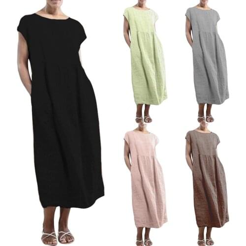 2021 Women O Neck Short Sleeve Sundress Summer Solid Cotton Linen Dress Split Long Female Robe Casual Party Dress