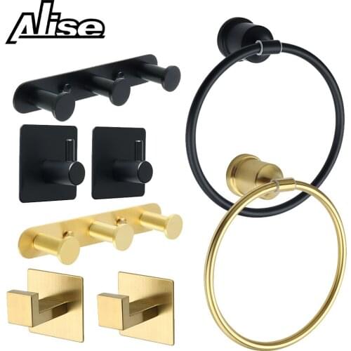 1Set SUS304 Black Bathroom Hardware Set Towel Ring Robe Hook Singe Hook Self-Adhesive Black Wall-mounted Bathroom Accessories