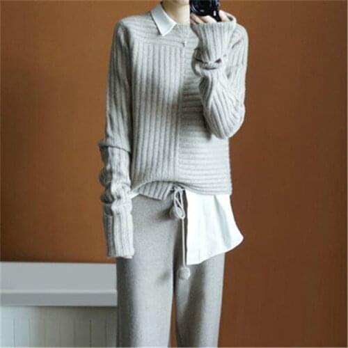 100%cashmere vertical horizontal grain knit women fashion low Oneck loose irregular hem pullover sweater solid color S-XL