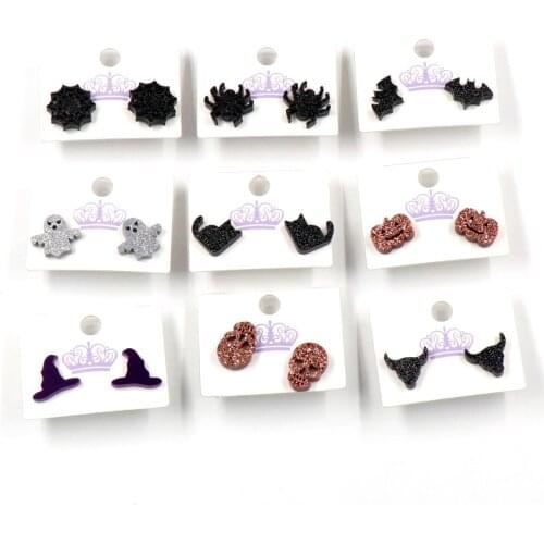 1pair)12/14mm Glitter Acrylic Stud Earrings Skull Spider Pumpkin Ghost Bat Cat Halloween Glitter Stud Earrings -ST-2