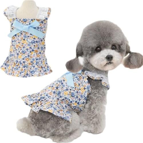 Floral Dog Dresses For Pet Clothes Boat Neck Puppy Cat Vest Dress Apparel Summer Ribbon Bowknot Cozy Dog Shirt Skirt For Girls L
