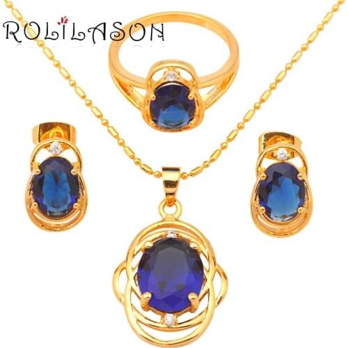 Elegant Jewelry Set Blue Zircon Fashion jewelry yellow gold Tone Crystal Jewelry Sets Earrings Necklace Ring #7#8#9 JS470
