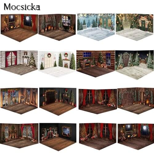 Winter Christmas Snow Night Photography Backdrops Retro Xmas Fireplace Window Professional Photo Props Studio Booth Background