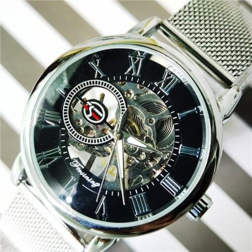 Forsining 2020 Retro Fashion Design Skeleton Top Brand Luxury Mechanical Watch For Men Luminous Hands Transparent Mesh Bracelet