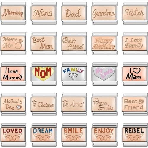 Hapiship Rose Dad Mum Sister Dream Lucky Enjoy Heart Italian Charm Links Fit 9mm Stainless Steel Bracelet Jewelry Making DJ133