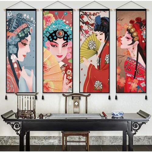 Chinese Style Huadan Canvas Painting Print Art Poster Wall Pictures Peking Opera Scroll Painting Hang Living Room Decor