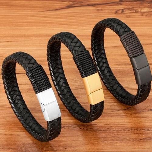 Classic Braided Leather Mens Bracelet Black Gold Stainless Steel Magnetic Clasp Wrap Bracelets for Men Fashion Bangles Gifts