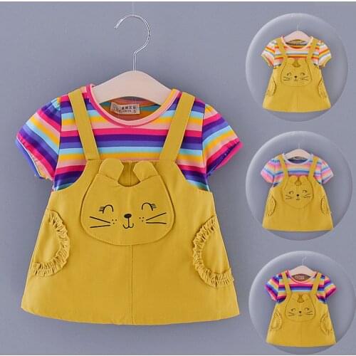 Toddler Kid Baby Girls Cartoon Print Kawaii Tops Stripe short sleeve Patchwork Princess Dress Outfit Summer Girls Dresses