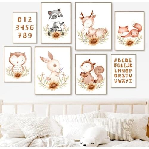 Raccoon Deer Rabbit Owl Squirrel Fox ABC Number Wall Art Canvas Painting Nordic Posters And Prints Wall Pictures Kids Room Decor