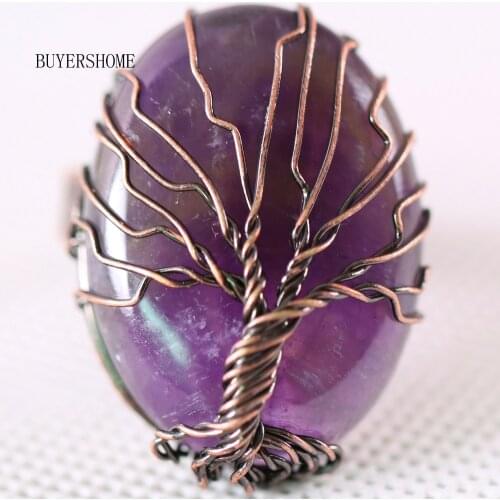Copper Wrap Tree of Life Handmade Jewelry For Women Gift Natural Stone Bead Purple Crystal Ring Adjustable 1Pcs Z004