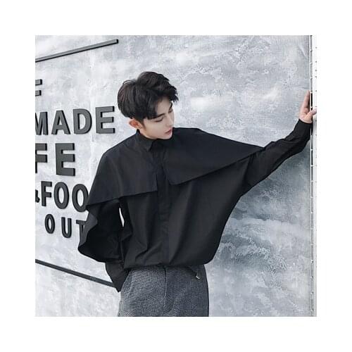 Men Blouse Spring College style Fresh Black Bat Sleeves Design Loose Shirts 2021 White Casual Loose Flounced Shirts for Men