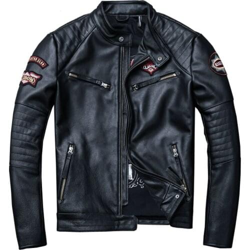 Fast Free Shipping Mens Motorcycle Embroidery Skull Leather Jacket 100% Cowhide Skin Biker Coat Male Clothing Autumn Winter