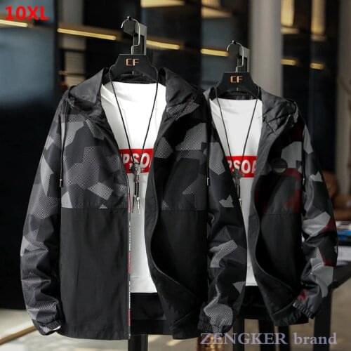 Large size mens jacket plus size casual hooded zipper camouflage thin trendy 9XL 10XL 8XL jacket plus size clothes