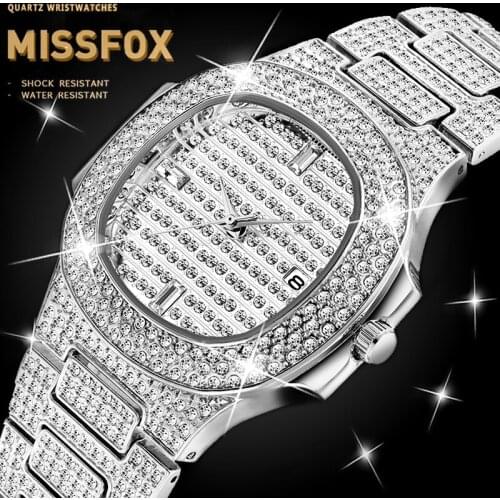 MISSFOX 2020 Luxury Brand Men Watch Iced Dial Platinum Watches Man Diamond Waterproof Platinum Plated Patek Nautilus Men Watch