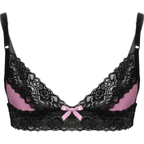 Mens Gay Erotic Sissy Lingerie Bras Bralette for Fetish Parties Spaghetti Straps Floral Lace Trim Wire-free Unlined Bra Crop Top