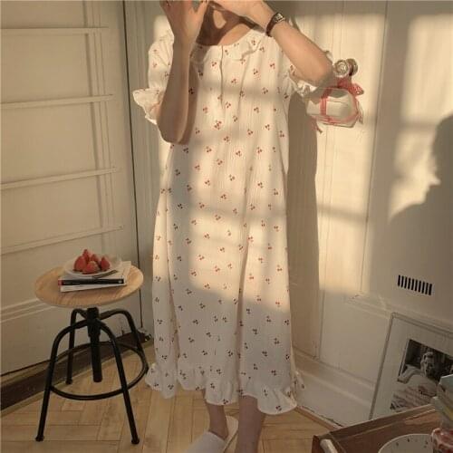Summer Print Cherry Peter Pan Collar Nightgowns Lady Soft Comfortable 100% Cotton Nightdress Women Home Clothes Mini Dresses