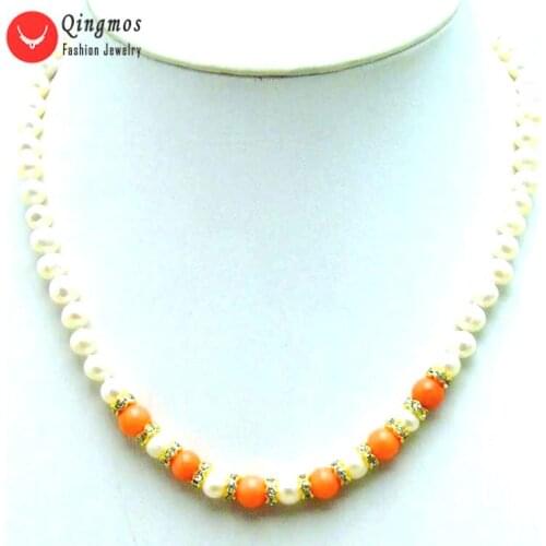 Qingmos Trendy Natural Pearl Chokers Necklace for Women with 6mm Pink Coral & 6-7mm White Pearl Necklace 17" Fine Jewelry-5837