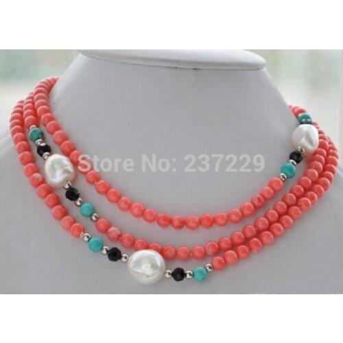 Wholesale price ^^^6mm round pink coral blue baroque white freshwater pearl necklace 50inch