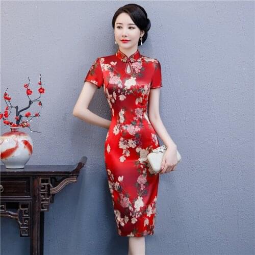 Summer New Cheongsam Plus Size Mid Long Slim Dress Yarn Short Sleeve Vintage Dresses for Women M to 4XL