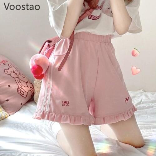 Japanese Sweet Chic Lolita Shorts Women Cute Ruffles Pink Bow Shirt Short Pants Summer Korean Girls Casual Loose Wide Leg Pants