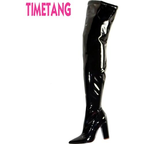 TIMETANG Fashion PU Patent Leather Women Over-the-Knee Long Boots Pointed Toe Thick Square Heel Thigh High Ladies Shoes Big Size
