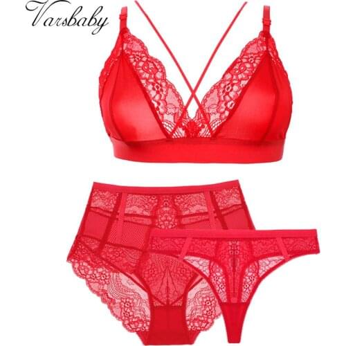 Varsbaby Sexy Women Floral Ultra-Thin Underwear Breathable Yarn Smooth Bra+High-Rise Panty+Thong 3 Pcs Lingeries Set