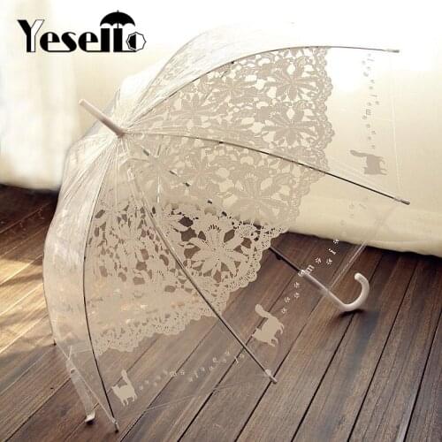 Yesello 1PCS Romantic imitationзонт lace Transparent cute cat Large long Rain Wind Umbrella For Lolita Women Travel