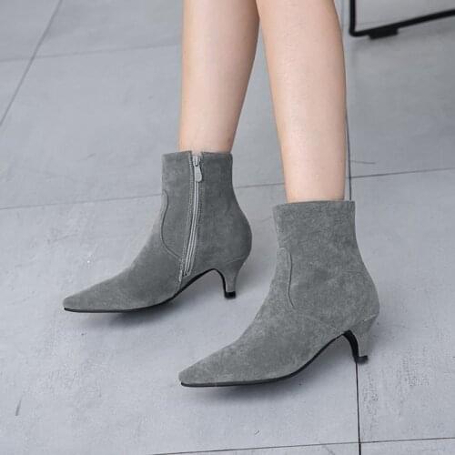 Cow Suede Women Ankle Boots Pointed Toe Spike Heels High Heels Spring Female Boots Western Zipper US 13 14 Apricot Black Gray