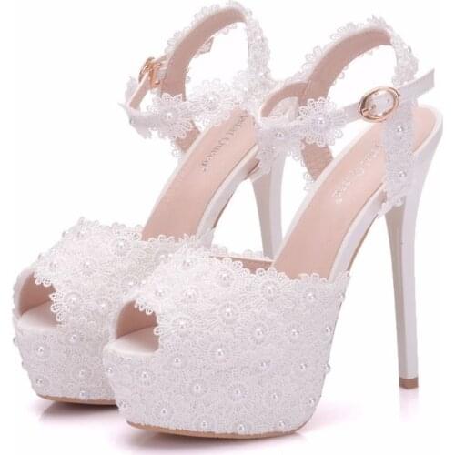 Women sandals wedding Party Lace PU Rhinestones Buckle Strap 14CM Thin High heels Peep Toe sandal women shoes 2020 size 35-42