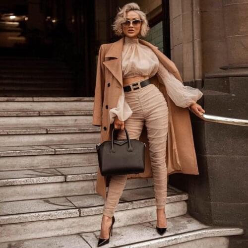 Feminine Ruched Lantern Sleeve Two Piece Pants Set Long Sleeve Mock Neck Crop Top Long Leg Elegant Pants For Women
