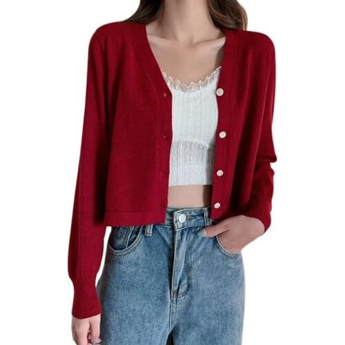 Women Autumn Long-sleeve Cropped Cardigans Button Knitted Sweaters Womens Clothing Streetwear Korea Style