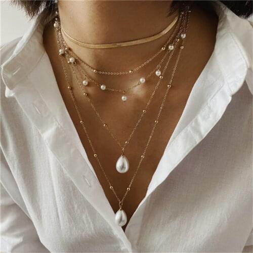 New Womens Necklace Fashion Punk Gothic Bohemian Geometry Star Moon Pearl Crystal Zircon Tassel Multi Layer Pendant Necklace