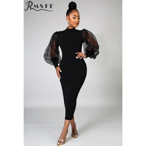 RMSFE 2021 European And American Womens Long Sleeve Round Neck Gauze Perspective Lantern Sleeve Buttock 3-Color Dress