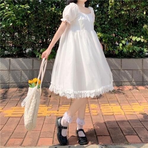 2020 New Japanese Veil Puffed Sleeves Solid Color Lace Bowknot Lace Dress Female renaissance tea party gothic lolita dress