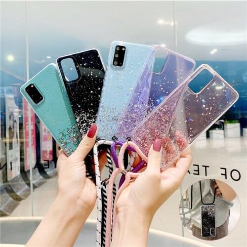 Strap Cord Chain Glitter Sequins Star Lanyard Case for Huawei P8 P9 P10 Plus P20 P30 P40 Lite P50 P smart Pro Honor View V20 V30