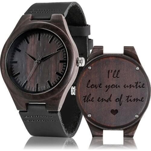 YISUYA Ebony Case Wooden Quartz Watches Leather Wristwatch I'll Love You Until Pattern Personalized Text Birthday Gift for Lover