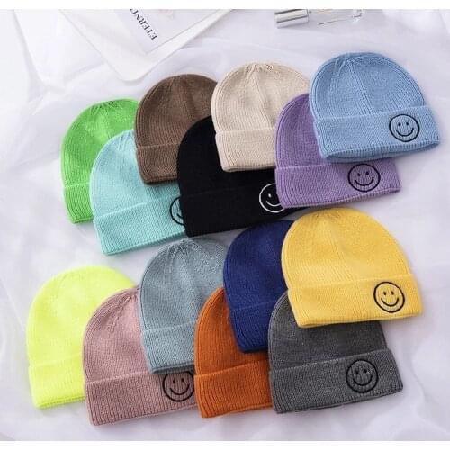 Childrens hat autumn and winter baby woolen cap kids candy color skullcap boys and girls Smiley knitted sleeve cap tide