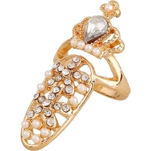 European Fashion Resizable Alloy Flower Crown Finger Rings With Rhinestone