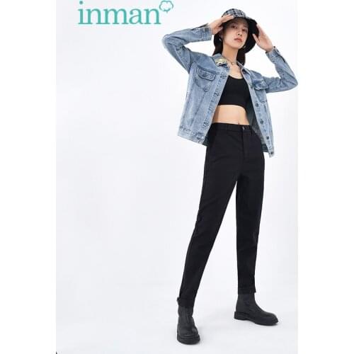 INMAN Womens Black White Cropped Trousers Lazy Casual Comfortable Style Loose Slim Small Hem Solid Color Button All-Match Pants