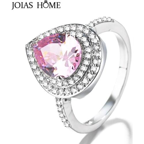 JoiasHome Luxury 925 Silver Ring Europe and the United States full diamond pink gem drop pear-shaped ring wedding party gift