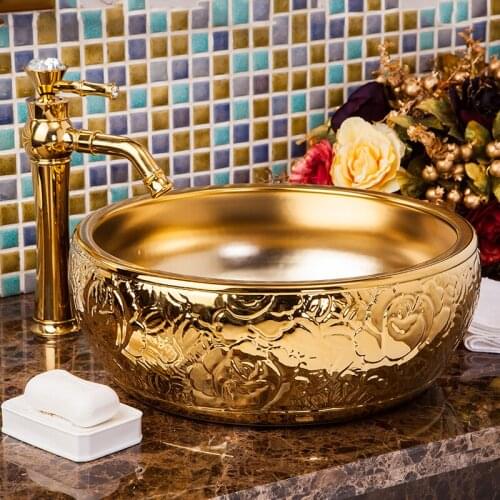 Gold color Ceramic wash basin Europe Vintage Style counter top basin bathroom wash basin wash basin table top lavabo washbasin