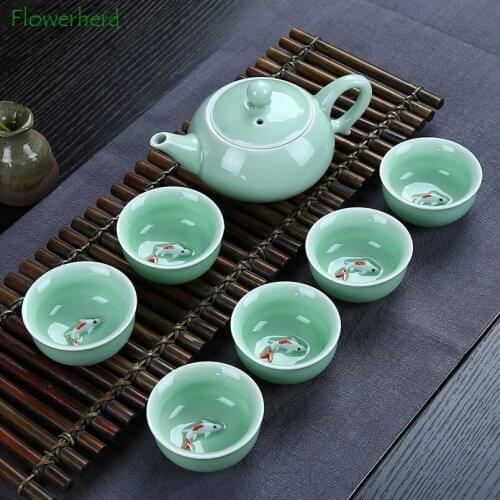 Chinese Travel Ceramic Porcelain Kung Fu Tea Set Teaware Portable Teapot and Teacup Carp Tea Cups Tea Ceremony Teapot Gift Box