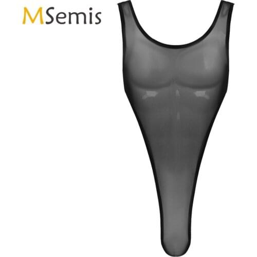 Mens Lingerie Tank Wrestling Singlet Bodysuit See Through Sheer Mesh Deep U Neck Sleeveless High Cut Leotard Jumpsuit One-piece