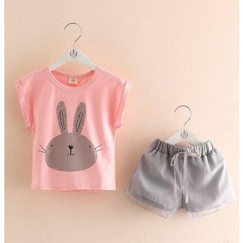 Girls Clothing Outfits Suit 2019 Summer 2 3 4 6 8 10 Years Cartoon Rabbit Print T Shirt+Drawstring Shorts 2 Piece Kids Girls Set