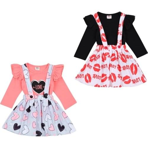 2021 Toddler Baby Round Collar Two-piece Set, Pattern Printed Long Sleeve T-shirt + Love Printing Strap Skirt Suit