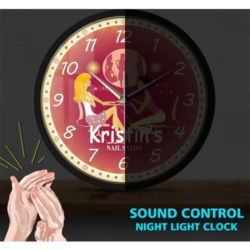Nail Salon Technician Finger Metal Frame Clock Nail Polish Voice Control LED Lighting Watch Manicure Business Name Custom Time